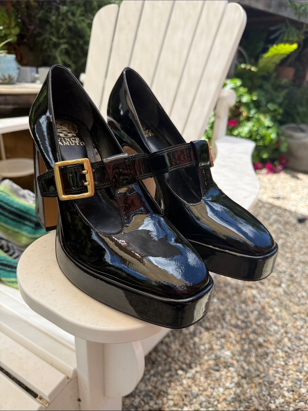 Vince Camuto Black Patent Mary Jane Platform Heels with Gold Buckle